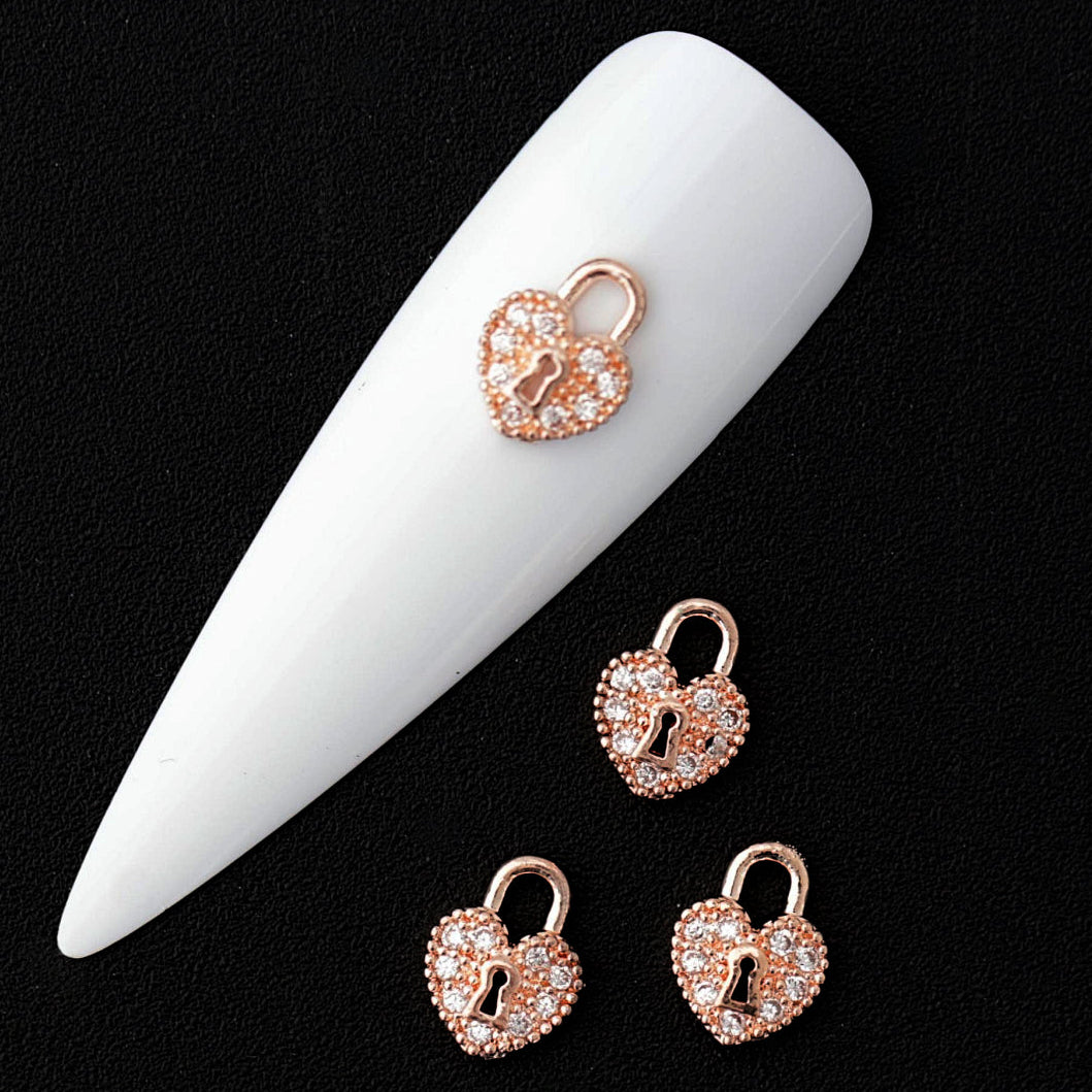 heart shape flatback lock nail art jewell decoration with zircon stones rose gold color